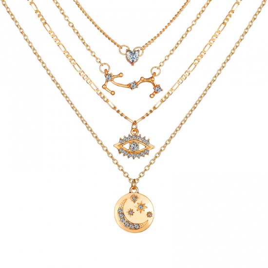 Picture of Multilayer Layered Necklace Gold Plated Round Eye Clear Rhinestone 38.7cm(15 2/8") long, 1 Piece