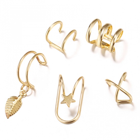 Picture of Ear Cuffs Clip Wrap Earrings Gold Plated U-shaped Pentagram Star 28mm x 5mm - 10mm x 8mm, 1 Set ( 5 PCs/Set)