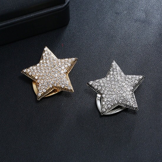 Picture of Pin Brooches Pentagram Star Gold Plated Clear Rhinestone 35mm x 35mm, 1 Piece