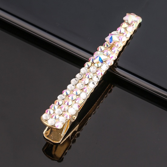 Picture of Zinc Based Alloy & Glass Hair Clips Findings Gold Plated Star Multicolor Rhinestone 6cm, 1 Piece