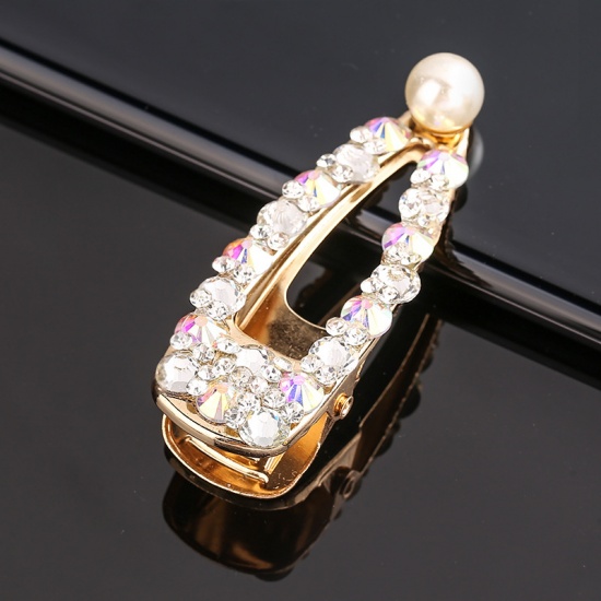 Picture of Zinc Based Alloy & Glass Hair Clips Findings Gold Plated Multicolor Rhinestone Imitation Pearl 6cm, 1 Piece