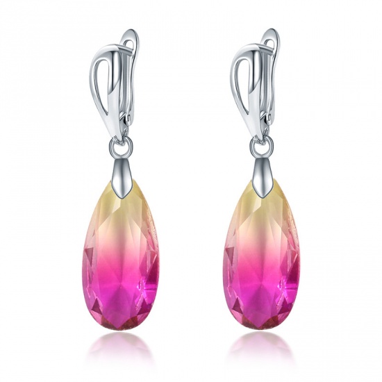 Picture of October Birthstone - Copper Ear Clips Earrings Silver Plated Fuchsia & Yellow Drop 37mm x 10mm, 1 Pair
