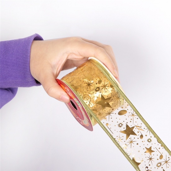 ガーゼ クリスマス リボン ゴールデン スター 5.2cm、 1 巻 (約 10 メヤード/巻) の画像