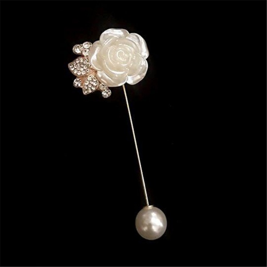Picture of Pin Brooches Flower Silver Tone Imitation Pearl Clear Rhinestone 80mm, 1 Piece