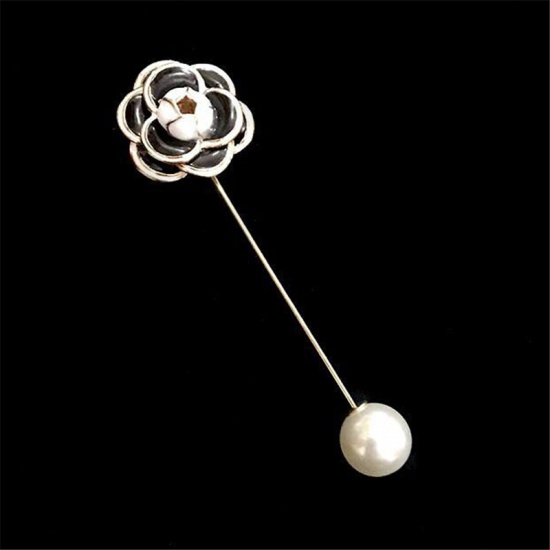 Picture of Pin Brooches Flower Champagne Gold Black Imitation Pearl 80mm, 1 Piece