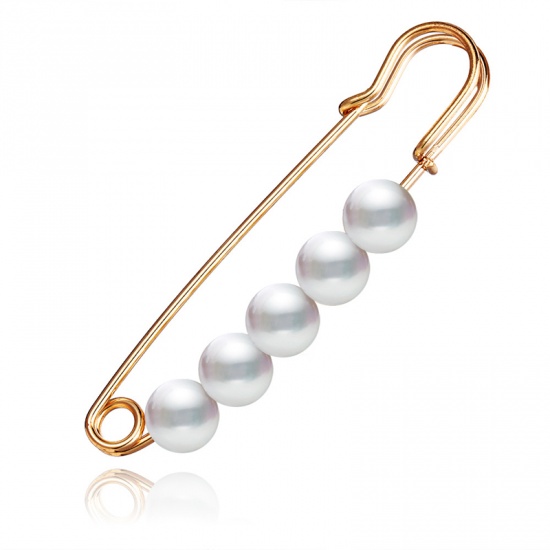Picture of Pin Brooches Gold Plated White Imitation Pearl 76mm x 16mm, 1 Piece