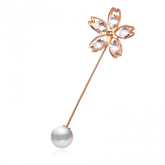 Picture of Pin Brooches Ball Flower Gold Plated White Imitation Pearl Clear Rhinestone 83mm x 26mm, 1 Piece