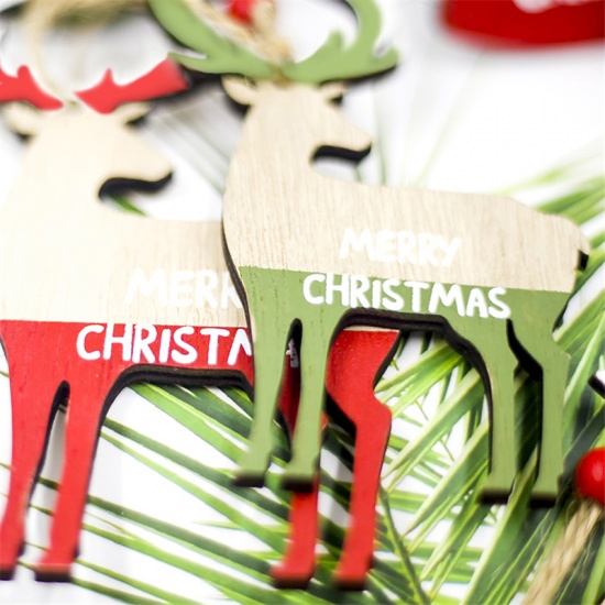 Picture of Red & Green - Style5 2PCS Wooden Christmas Pendants Decorations Ornaments Gift Xmas Tree Hanging Cute Reindeer