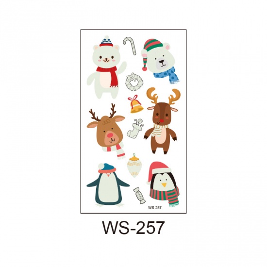 Image de Autocollant Sticker de Tatouage Amovible Imperméable en Papier Forme Renne de Noël Pingouin Multicolore, Brille dans le Noir 10.5cm x 6cm, 1 Pièce