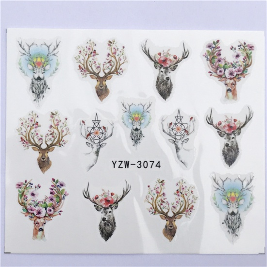 Picture of Paper Nail Art Stickers Decoration Christmas Reindeer Multicolor 6cm x 5cm, 1 Sheet