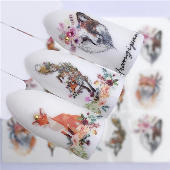Picture of Paper Nail Art Stickers Decoration Fox Animal Flower Multicolor 6cm x 5cm, 1 Sheet