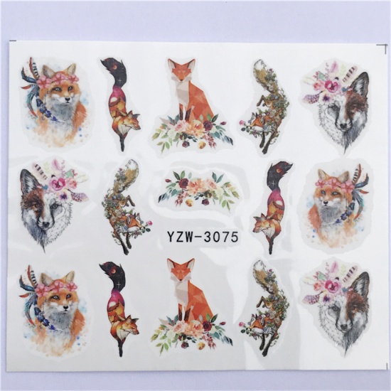 Picture of Paper Nail Art Stickers Decoration Fox Animal Flower Multicolor 6cm x 5cm, 1 Sheet