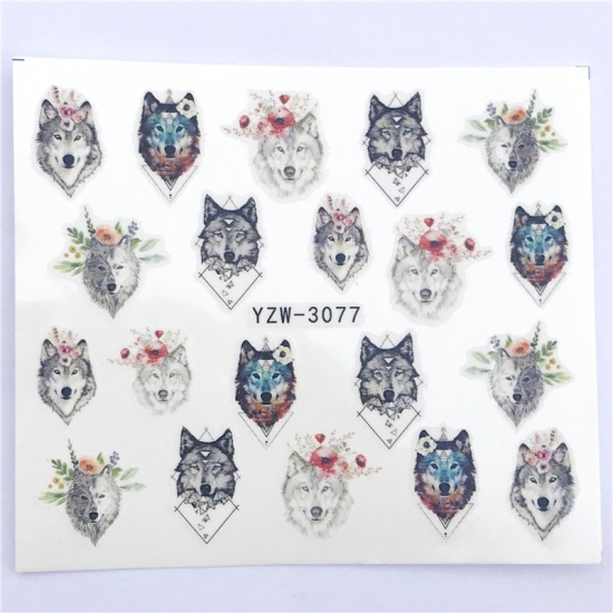 Picture of Paper Nail Art Stickers Decoration Wolf Flower Multicolor 6cm x 5cm, 1 Sheet