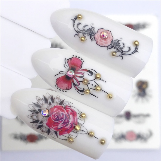 Image de Stickers d'ongles en Papier Forme Nœuds Papillon Fleurs Multicolore, 6cm x 5cm, 1 Pièce