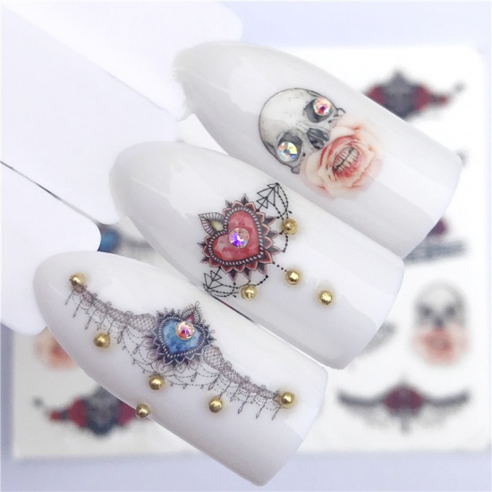 Picture of Paper Nail Art Stickers Decoration Heart Skull Multicolor 6cm x 5cm, 1 Sheet