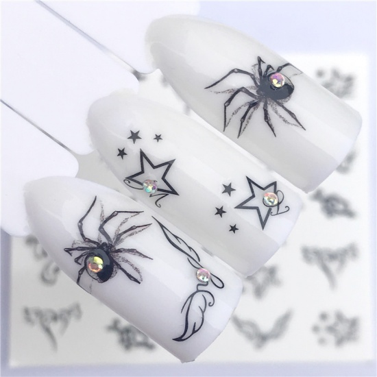 Picture of Paper Nail Art Stickers Decoration Halloween Spider Animal Pentagram Star Black 6cm x 5cm, 1 Sheet
