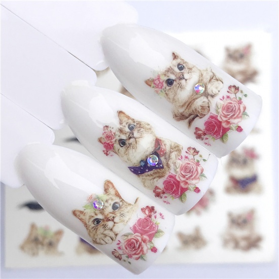 紙 ネイルシール 猫 花柄、 多色 6cm x 5cm、 1 枚 の画像