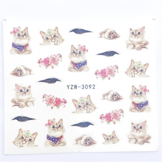 Picture of Paper Nail Art Stickers Decoration Cat Animal Flower Multicolor 6cm x 5cm, 1 Sheet