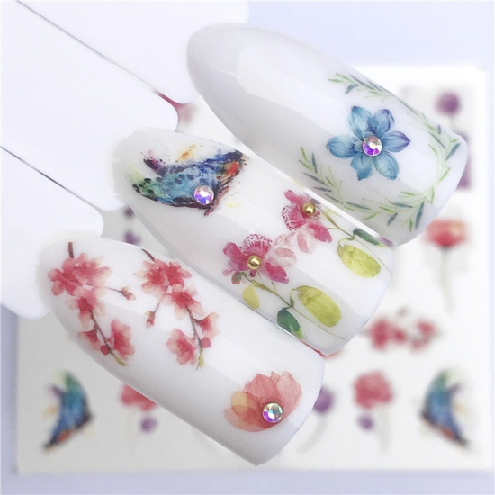 紙 ネイルシール 花葉 蝶柄、 多色 6cm x 5cm、 1 枚 の画像