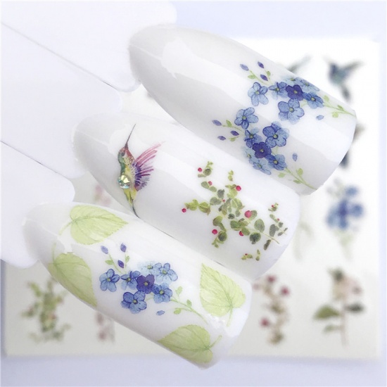 Picture of Paper Nail Art Stickers Decoration Flower Leaves Bird Multicolor 6cm x 5cm, 1 Sheet
