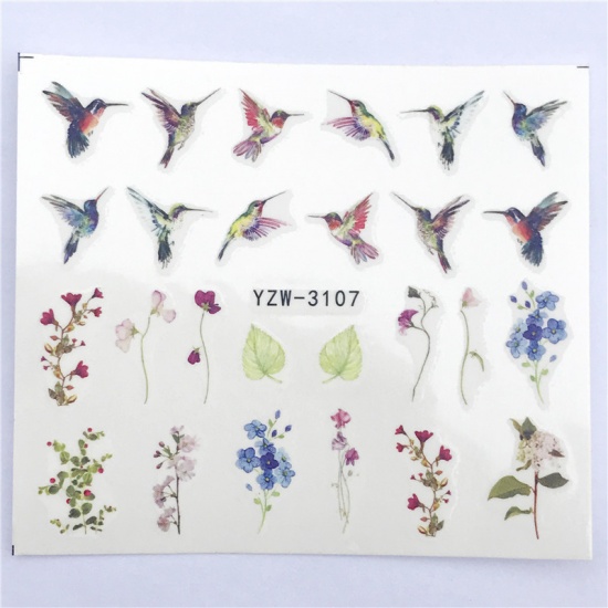 Picture of Paper Nail Art Stickers Decoration Flower Leaves Bird Multicolor 6cm x 5cm, 1 Sheet