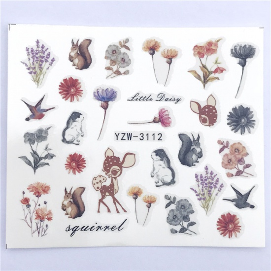 Picture of Paper Nail Art Stickers Decoration Flower Leaves Deer Multicolor 6cm x 5cm, 1 Sheet