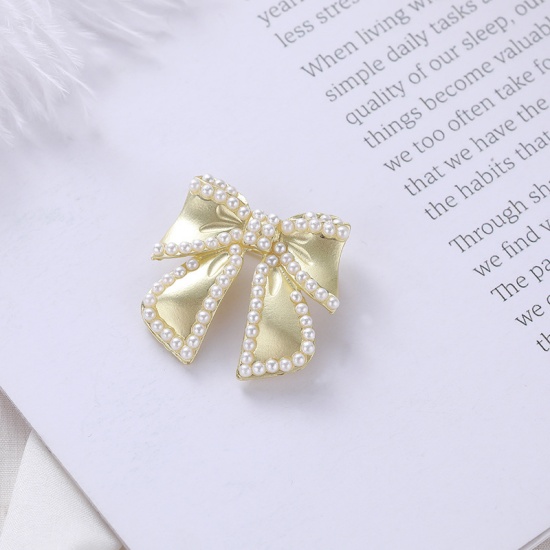 Picture of Pin Brooches Bowknot White Imitation Pearl 30mm, 1 Piece