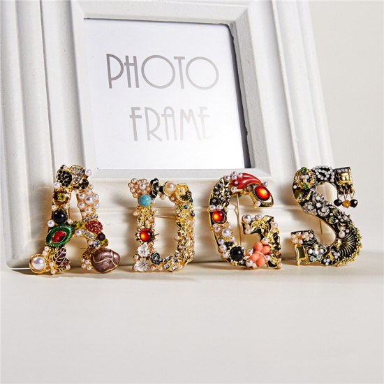 Picture of Pin Brooches Letter A Gold Plated Imitation Pearl Multicolor Rhinestone 48mm x 40mm, 1 Piece