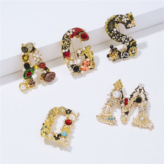 Picture of Pin Brooches Letter A Gold Plated Imitation Pearl Multicolor Rhinestone 48mm x 40mm, 1 Piece