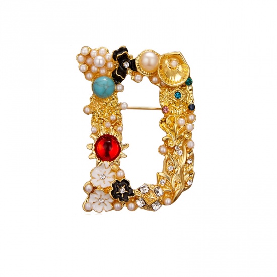 Picture of Pin Brooches Letter D Flower Gold Plated Imitation Pearl Multicolor Rhinestone 42mm x 30mm, 1 Piece