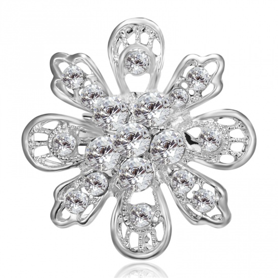 Picture of Pin Brooches Flower Silver Tone Clear Rhinestone 35mm x 35mm, 1 Piece