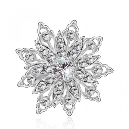Picture of Pin Brooches Flower Silver Tone Clear Rhinestone 30mm x 30mm, 1 Piece