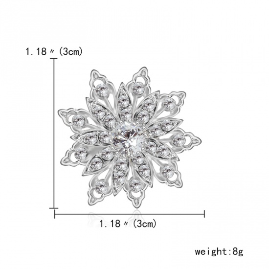 Picture of Pin Brooches Flower Silver Tone Clear Rhinestone 30mm x 30mm, 1 Piece