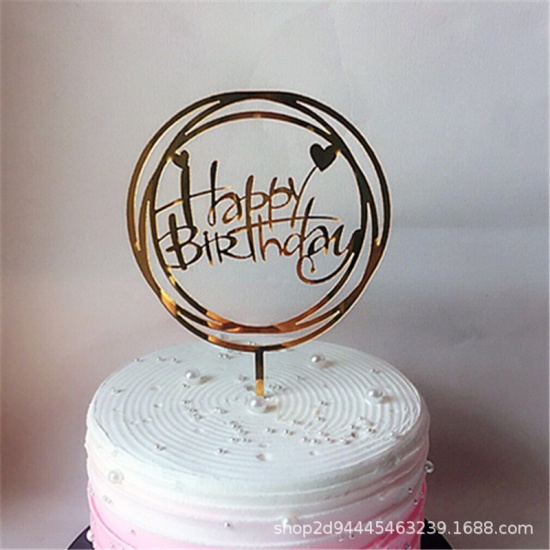 Picture of Acrylic Cupcake Picks Toppers Circle Ring Golden Heart Pattern " HAPPY BIRTHDAY " 1 Piece