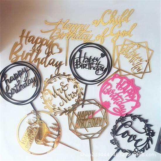 Immagine di Acrilato Carta per auguri sulla torta Anello Oro Cuore Disegno " HAPPY BIRTHDAY " 1 Pz