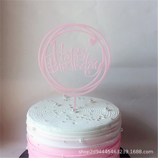 Picture of Acrylic Cupcake Picks Toppers Circle Ring Pink Heart Pattern " HAPPY BIRTHDAY " 1 Piece