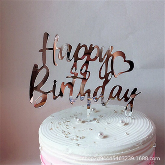 Immagine di Acrilato Carta per auguri sulla torta Cuore Argento " HAPPY BIRTHDAY " 1 Pz
