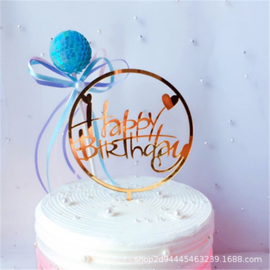 Immagine di Acrilato Carta per auguri sulla torta Anello Oro Cuore Disegno " HAPPY BIRTHDAY " 1 Pz