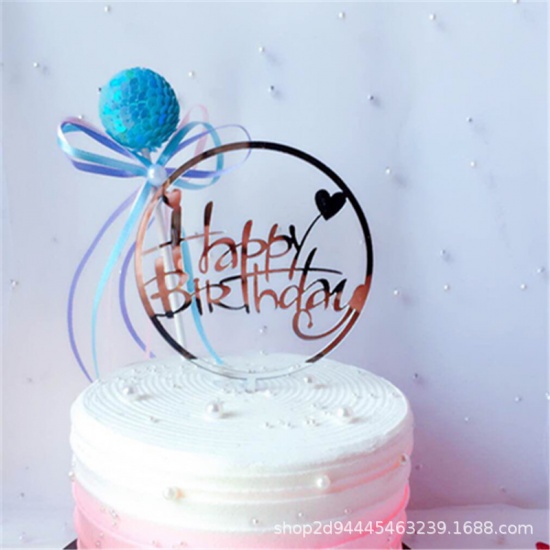 Picture of Acrylic Cupcake Picks Toppers Circle Ring Silver Heart Pattern " HAPPY BIRTHDAY " 1 Piece
