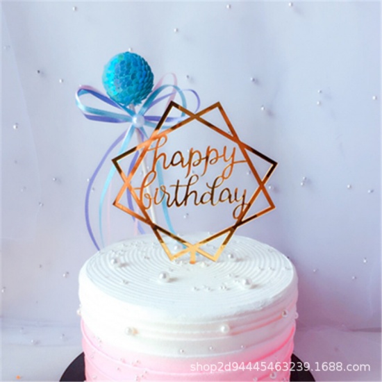 Picture of Acrylic Cupcake Picks Toppers Geometric Golden " HAPPY BIRTHDAY " 1 Piece
