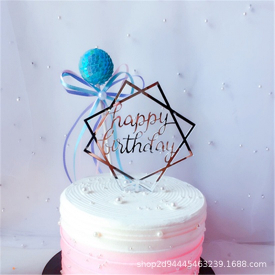 Immagine di Acrilato Carta per auguri sulla torta Geometrica Argento " HAPPY BIRTHDAY " 1 Pz