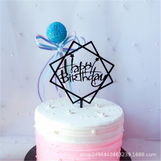 Picture of Acrylic Cupcake Picks Toppers Geometric Black " HAPPY BIRTHDAY " 1 Piece