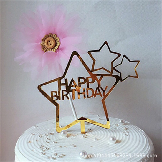 Picture of Acrylic Cupcake Picks Toppers Pentagram Star Golden " HAPPY BIRTHDAY " 1 Piece
