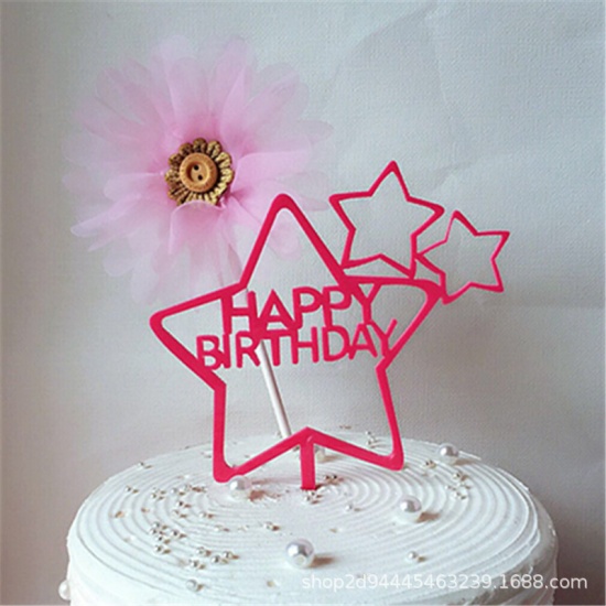 Picture of Acrylic Cupcake Picks Toppers Pentagram Star Fuchsia " HAPPY BIRTHDAY " 1 Piece
