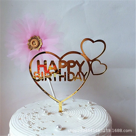 Picture of Acrylic Cupcake Picks Toppers Heart Golden " HAPPY BIRTHDAY " 1 Piece