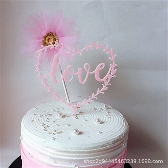 Immagine di Acrilato Carta per auguri sulla torta Cuore Rosa Foglia Disegno " LOVE " 1 Pz