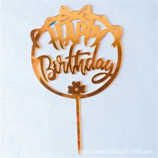 Picture of Acrylic Cupcake Picks Toppers Circle Ring Golden Bowknot Pattern " HAPPY BIRTHDAY " 1 Piece