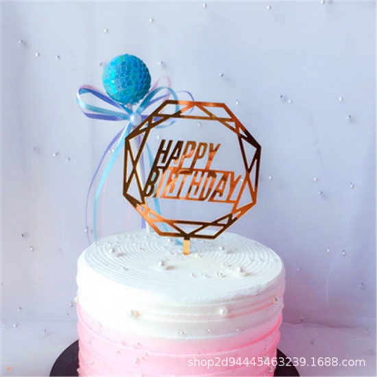 Picture of Acrylic Cupcake Picks Toppers Geometric Golden " HAPPY BIRTHDAY " 1 Piece