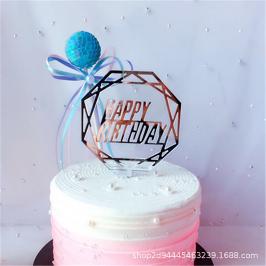 Picture of Acrylic Cupcake Picks Toppers Geometric Silver " HAPPY BIRTHDAY " 1 Piece