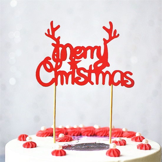 Imagen de Papel Cupcake Picks Toppers Cornamenta Rojo ¡Feliz Navidad! Brillo 5 Juegos